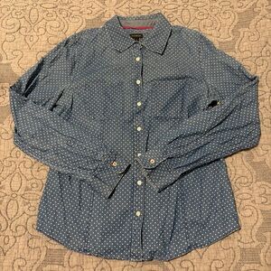 Talbots Chambray Denim Polka Dot Button Up Down Shirt Top 100% Cotton